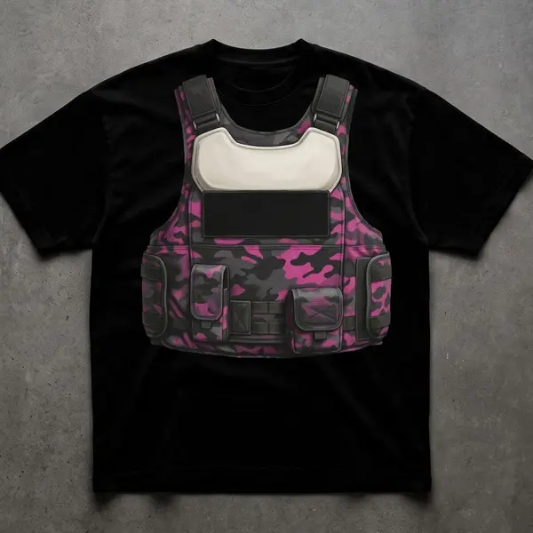 Remera oversize Beyond Limits negra con rosa, talles M a 2XL: remera oversize estampada chaleco táctico