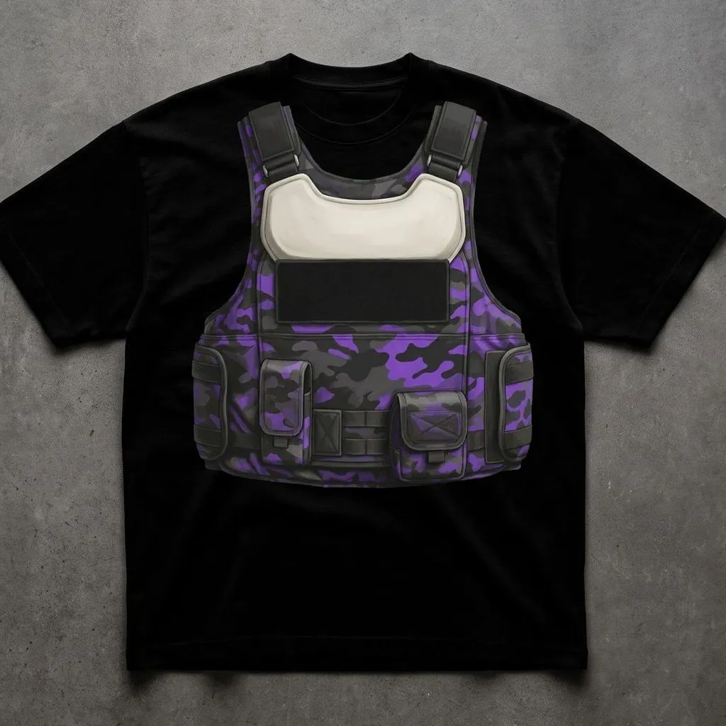 Remera oversize Beyond Limits negra con violeta, talles M a 2XL: remera oversize estampada chaleco táctico