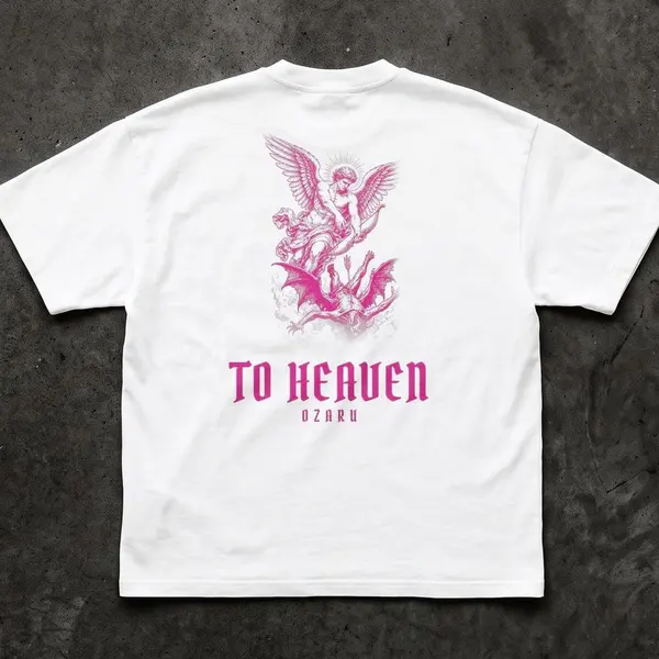 Remera oversize To Heaven blanca con rosa, talles M a 2XL: remera oversize estampada ángel (foto 2)