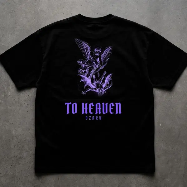 Remera oversize To Heaven negra con violeta, talles M a 2XL: remera oversize estampada ángel (foto 2)