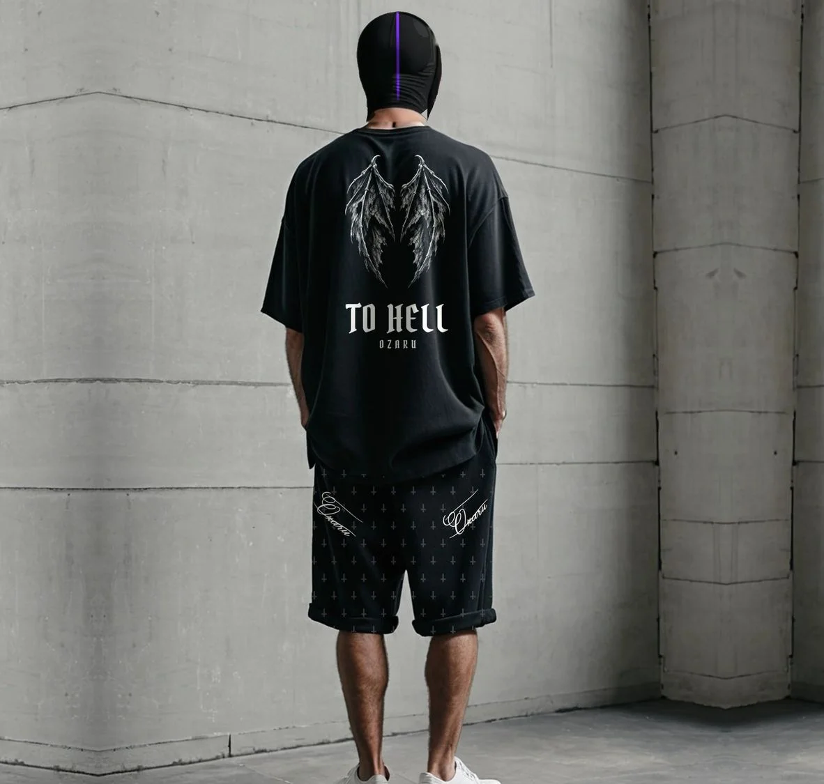 Conjunto de remera oversize To Hell con short baggy negro con cruces
