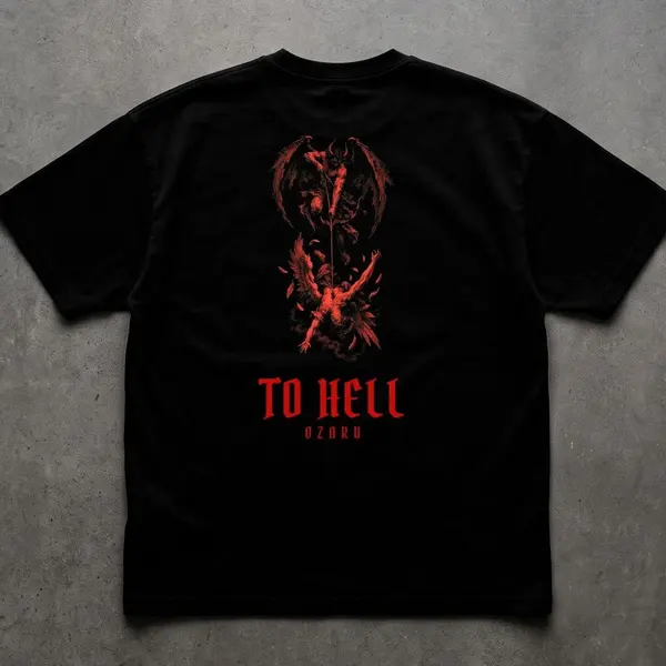 Remera oversize To Hell negra con rojo, talles M a 2XL: remera oversize estampada demonio (foto 2)