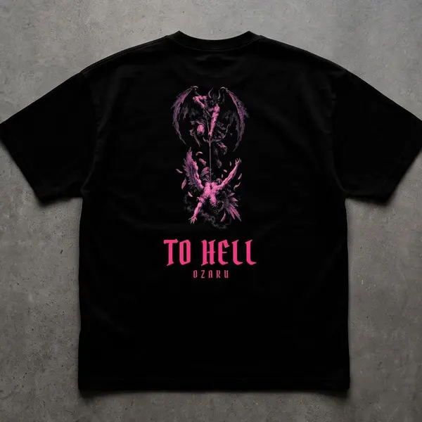 Remera oversize To Hell negra con rosa, talles M a 2XL: remera oversize estampada demonio (foto 2)