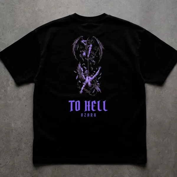Remera oversize To Hell negra con violeta, talles M a 2XL: remera oversize estampada demonio (foto 2)